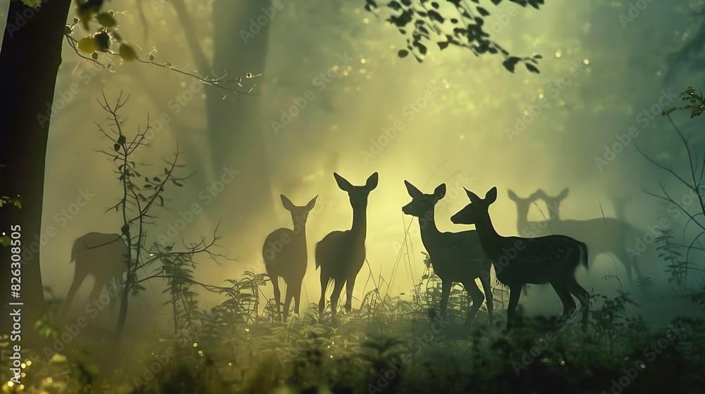 A group of deer standing in a misty forest with sunlight shining through the trees.