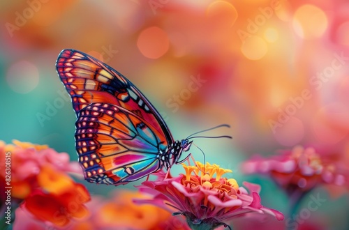 AI generated illustration of Oan oange and black butterfly perched on vibrant red and yellow flowers