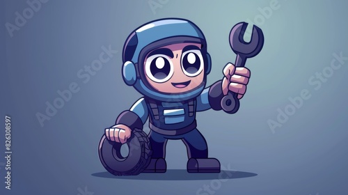 Mascot for a tyre service, holding a spanner and giving a thumbs up.