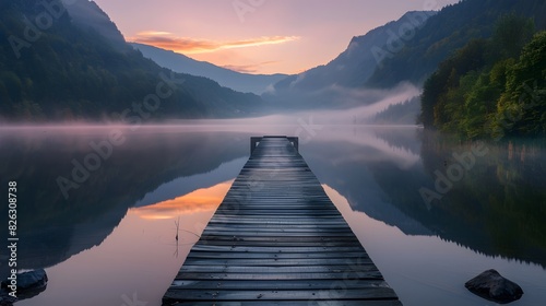 A long wooden pier extends into the calm lake, surrounded by misty mountains and lush greenery at sunrise.
 photo