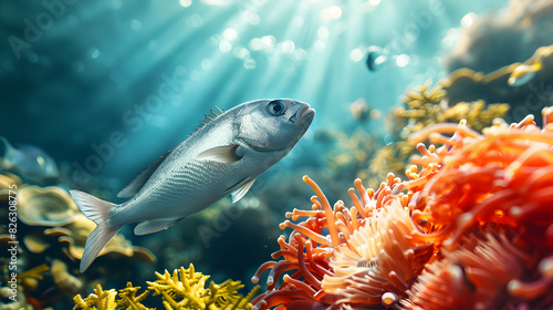 Photo realistic Marine research on sustainable seafood concept: High res image of eco friendly fishing practices with glossy backdrop showcasing scientific efforts to promote respo photo