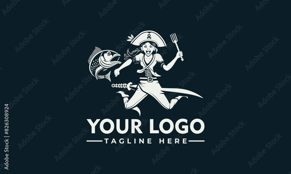  Pirate Logo Jumping and Attacking Fish Symbol of Nautical Fun and Culinary Delights Playful and Eye-Catching Design