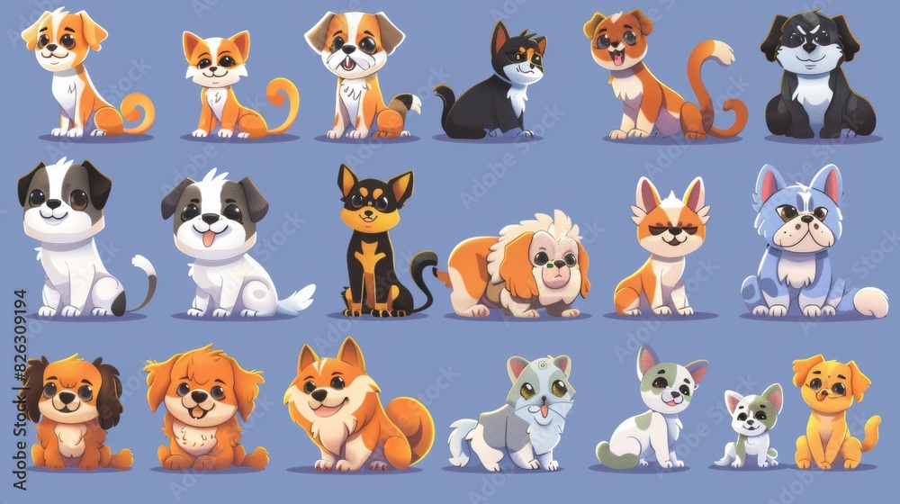 Cartoon illustration set of cute and funny cartoon pets. Illustrations of dogs and cats in flat styles.