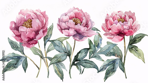 Nature-inspired watercolor drawings of pink peonies and leaves, great for summer celebrations, isolated on white background