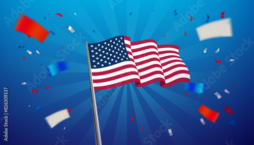 A vibrant and festive background featuring the American flag with a display of fireworks and confetti, symbolizing independence day celebration