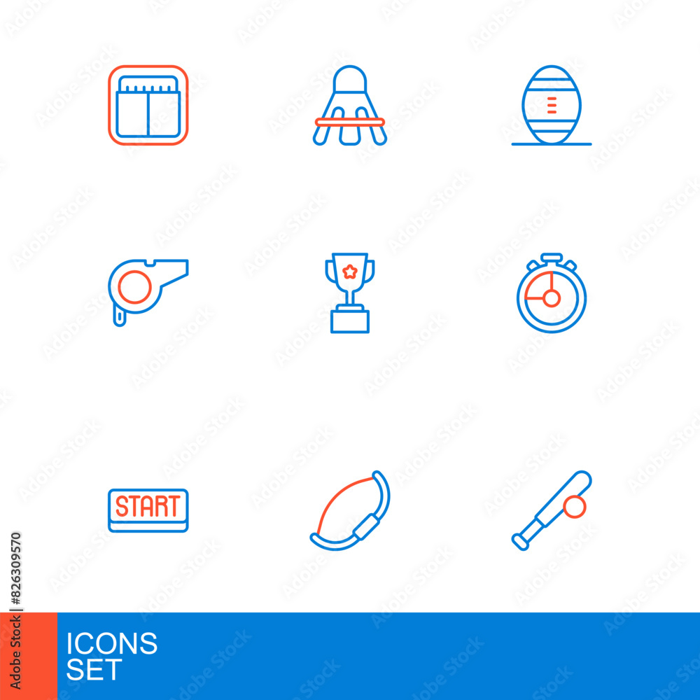 Set line Baseball bat with ball, Medieval bow, Ribbon in finishing line, Stopwatch, Whistle, Award cup, American Football and Badminton shuttlecock icon. Vector