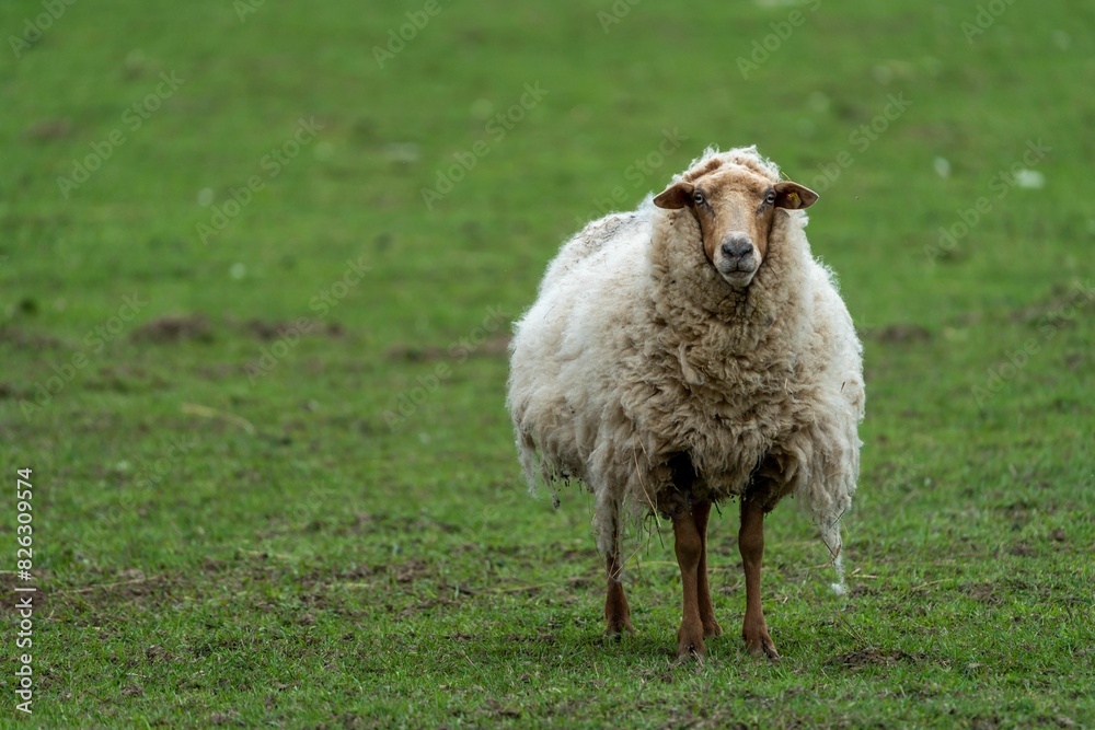 a sheep standing in a field of grass with an alert expression on his face a sheep standing in a field of grass with an alert expression on his face