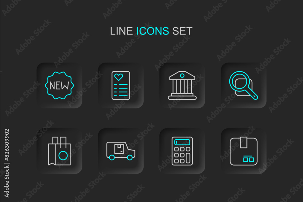 Set line Carton cardboard box, Calculator, Delivery cargo truck, Paper shopping bag, Magnifying glass, Bank building, Shopping list and Price tag with New icon. Vector Set line Carton cardboard box, Calculator, Delivery cargo truck, Paper shopping bag, Magnifying glass, Bank building, Shopping list and Price tag with New icon. Vector
