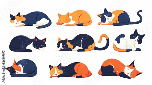 Flat design style with different colors of sleeping cats.