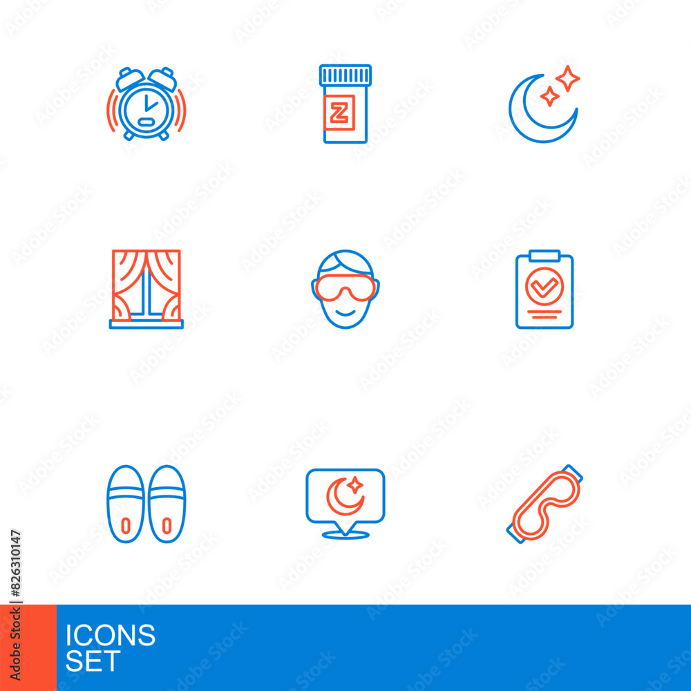 Set line Eye sleep mask, Moon and stars, Slippers, Medical prescription, Window with curtains, and Sleeping pill icon. Vector