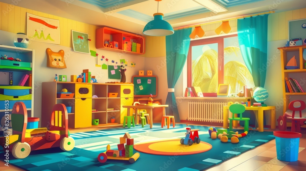 An interior of a kindergarten with furniture and toys for a daycare. A room for a preschool child to play, be active, and learn, a modern illustration An interior of a kindergarten with furniture and toys for a daycare. A room for a preschool child to play, be active, and learn, a modern illustration
