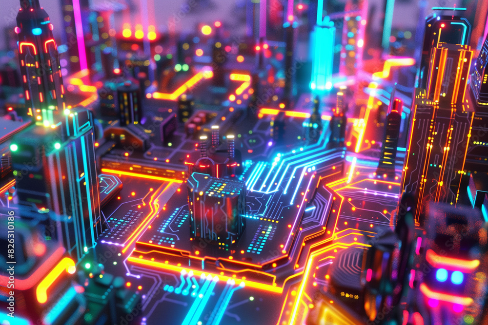 High-tech small city with luminous neon structures growing from an intricate circuit board.