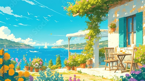 An illustration of landscape of mediterranean sea coast, a white house with a beautiful garden on the beach photo