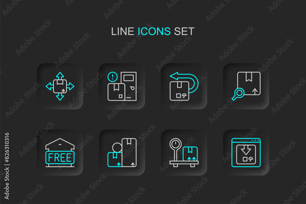 Set line Online app delivery tracking, Scale with cardboard box, Carton, Free storage, Search package, Return, Home services and icon. Vector Set line Online app delivery tracking, Scale with cardboard box, Carton, Free storage, Search package, Return, Home services and icon. Vector