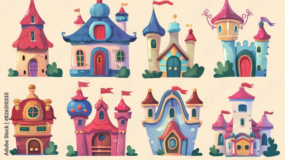 Set of modern cartoon children's buildings. Nursery design for map creator. Modern illustration.