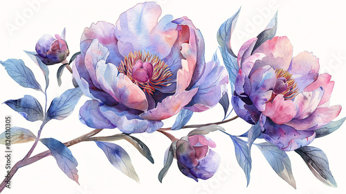 Watercolor art of peony buds and blossoms in pastel colors, perfect for wedding decorations, isolated on white background