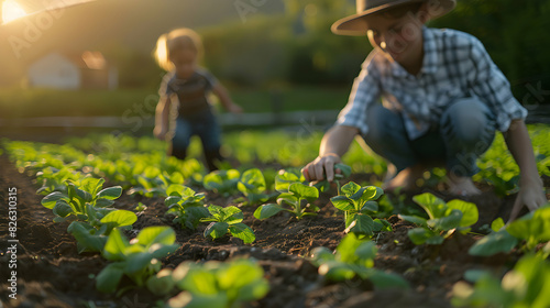 Fulfilling Sustainability: A Photo Realistic Depiction of Organic Farm Family Working Together on High Resolution Image with Glossy Backdrop