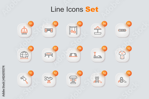 Set line Slide playground, Attraction carousel, Swing plane, Toy horse, Mushroom house, Bumper and Monkey bar icon. Vector photo