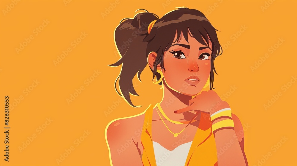 A modern illustration of a woman staring at a camera while touching her neck A modern illustration of a woman staring at a camera while touching her neck