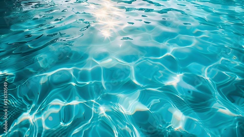 A photo of clear blue water in the swimming pool, with ripples visible on its surface. This scene creates a feeling of relaxation and tranquility. 