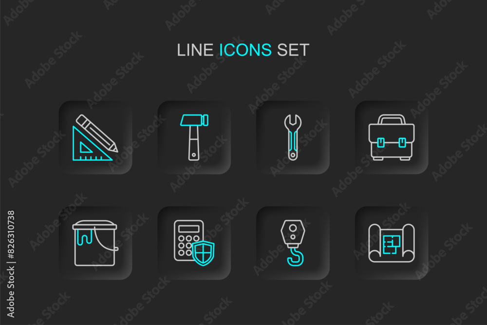 Set line House plan, Crane hook, Security keypad access panel, Paint bucket, Toolbox, Wrench spanner, Hammer and Triangular ruler and pencil icon. Vector