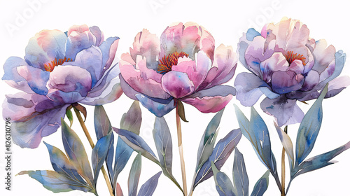 Watercolor art of peony buds and blossoms in pastel colors, perfect for wedding decorations, isolated on white background