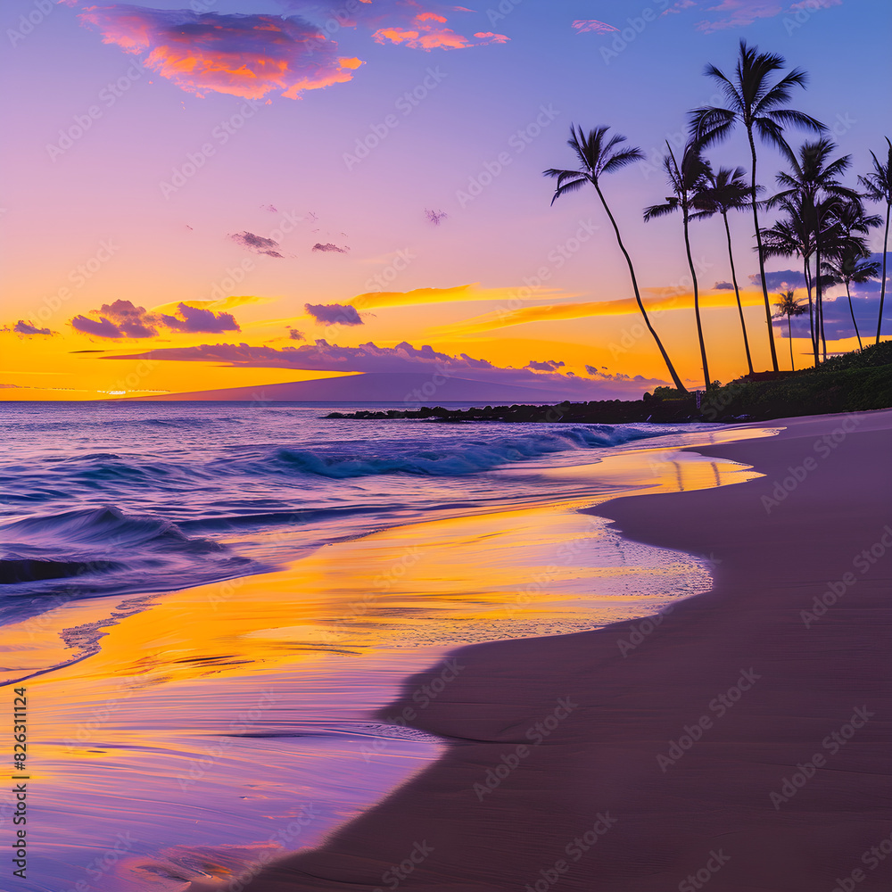 Harmonious Blend of Nature: Serene Beach Sunset with Swaying Palm Trees