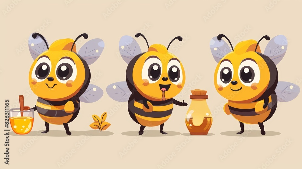 An illustration of a cartoon cute bee with honey pot set. The cute bee carries a honey pot and a bottle of organic honey.