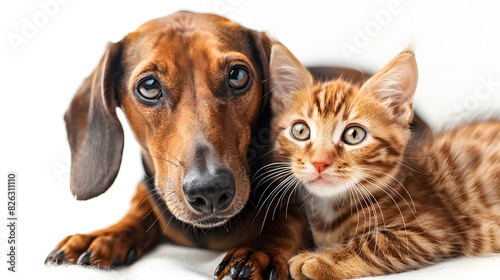 A photo shows a cat and dog sitting together and looking at the camera with a white background. 