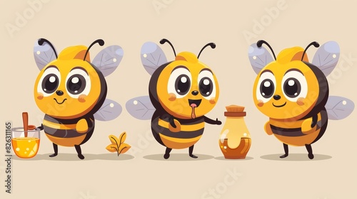 An illustration of a cartoon cute bee with honey pot set. The cute bee carries a honey pot and a bottle of organic honey.