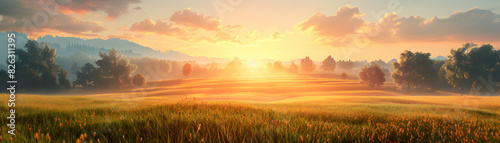 Captivating Sunrise Over Organic Farm  High Resolution Image with Glossy Backdrop  Serenely Capturing Start to Day of Organic Farming