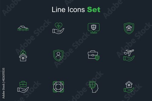 Set line House in hand, Life insurance with shield, Lifebuoy, Hand holding briefcase, Plane, Briefcase, and Fire burning house icon. Vector