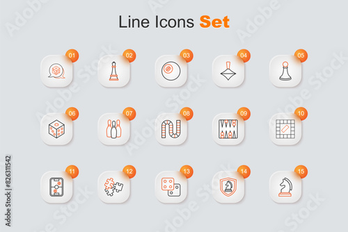 Set line Chess, Game dice, Puzzle pieces toy, Air hockey table, Board game, Backgammon board and icon. Vector