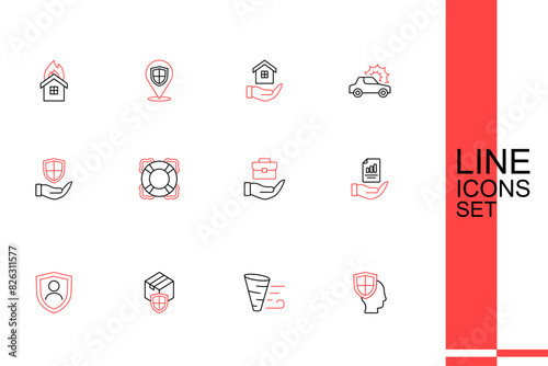 Set line Life insurance with shield, Tornado, Delivery security, Contract hand, Hand holding briefcase, Lifebuoy and Shield icon. Vector