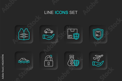 Set line Plane in hand, Money bag with shield, Broken or cracked lock, Flood car, Delivery security, Car insurance and Life jacket icon. Vector