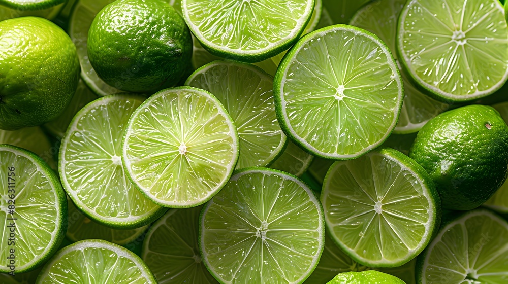 A pile of fresh, vibrant green lime slices arranged neatly on top of each other, creating an eyecatching pattern and showcasing the bright color and texture of limes.
