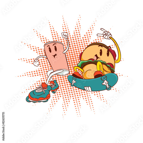 Illustration of the Burger & Cup mascot playing skateboarding and rollerblading