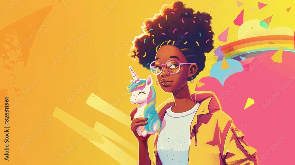 Illustration of a cartoon black girl holding unicorn toy and rainbow in pastel colors on yellow and orange backgrounds in generative AI Illustration of a cartoon black girl holding unicorn toy and rainbow in pastel colors on yellow and orange backgrounds in generative AI