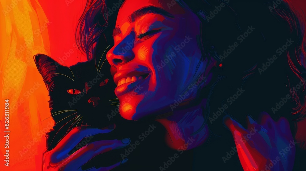 Generative AI illustration of a smiling ethnic woman holding a black cat in a dark room Generative AI illustration of a smiling ethnic woman holding a black cat in a dark room