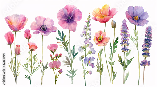 Fototapeta Naklejka Na Ścianę i Meble -  Watercolor drawing of a floral collection featuring pink peonies and botanical elements, isolated on white background