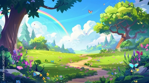 A forest landscape with trees  grass  and flowers in spring. A summer park with green plants  butterflies  a path  and fields. An illustration with a rainbow in the skies. Modern cartoon illustration