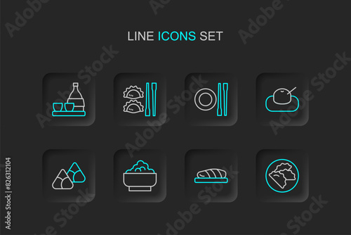 Set line Dumpling, Fish steak, Rice bowl, Zongzi bamboo steamer, Mochi, Food chopsticks with plate, and Bottle of sake icon. Vector