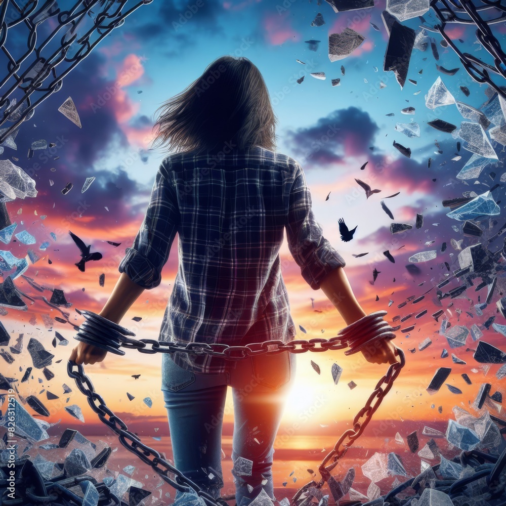 Dramatic image of a woman breaking free from chains against a stunning sunset backdrop, symbolizing liberation and strength.. AI Generation Dramatic image of a woman breaking free from chains against a stunning sunset backdrop, symbolizing liberation and strength.. AI Generation