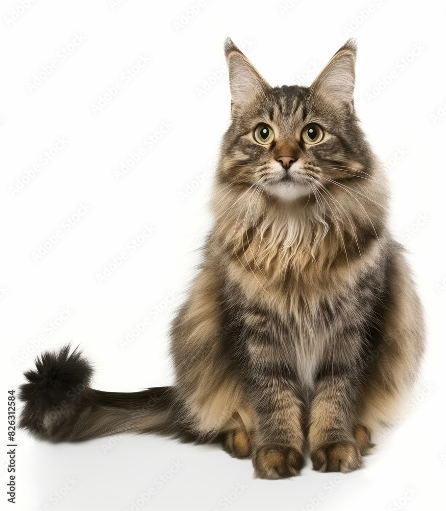 A single fluffy cat sitting and looking up with curious eyes, isolated on a white background. The cat's soft fur and detailed features are clearly visible, providing ample copy space around the image. A single fluffy cat sitting and looking up with curious eyes, isolated on a white background. The cat's soft fur and detailed features are clearly visible, providing ample copy space around the image.