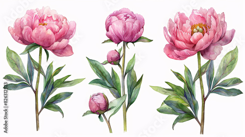Watercolor drawings of pink peony flowers and green leaves, perfect for wedding decorations and celebrations, isolated on white background
