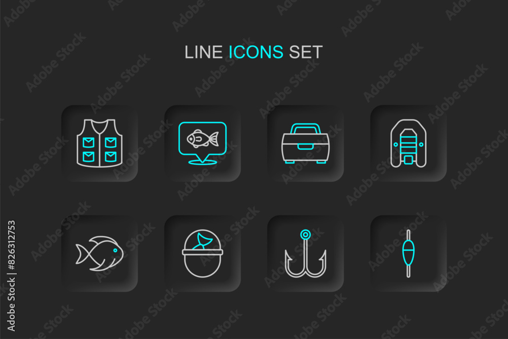 Set line Fishing float, bucket with fish, Inflatable boat motor, hook, Location fishing and jacket icon. Vector Set line Fishing float, bucket with fish, Inflatable boat motor, hook, Location fishing and jacket icon. Vector
