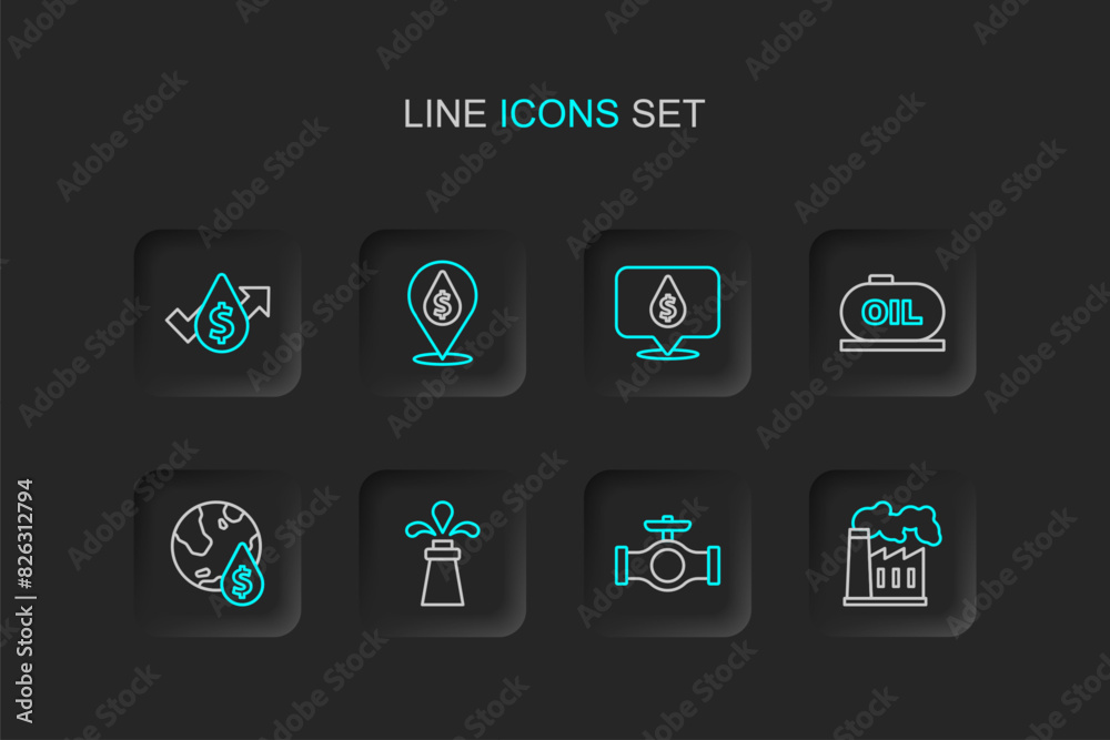 Set line Oil and gas industrial factory, pipe with valve, rig, drop dollar symbol, tank storage, and price increase icon. Vector Set line Oil and gas industrial factory, pipe with valve, rig, drop dollar symbol, tank storage, and price increase icon. Vector
