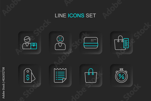 Set line Stopwatch percent discount, Paper shopping bag, Wish list template, Price tag with dollar, Shopping, Credit card, Angry customer and Buyer icon. Vector