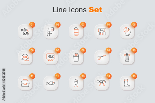 Set line Fishing boots, lure, Case or box for fishing, Lighthouse, net and Fisherman hat icon. Vector