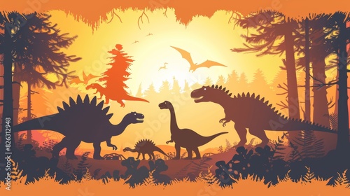 There are four dinosaur silhouettes included in this modern illustration  Stegosaurus  Brontosaurus  Velociraptor  Triceratops  Tyrannosaurus rex  and Spinosaurus.